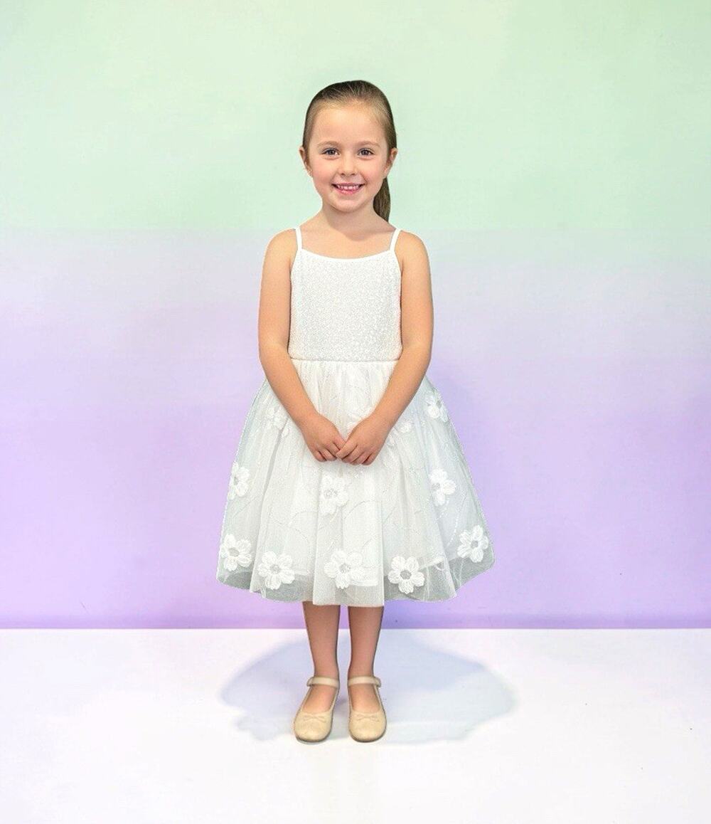 Girls White Fit & Flare Tulle Dress 4 Sequin Embroidered Floral Knee